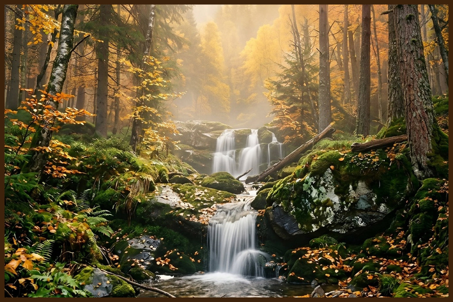 Autumn Waterfall in Misty Forest - AI Generated Norway Art - Norway wall art print