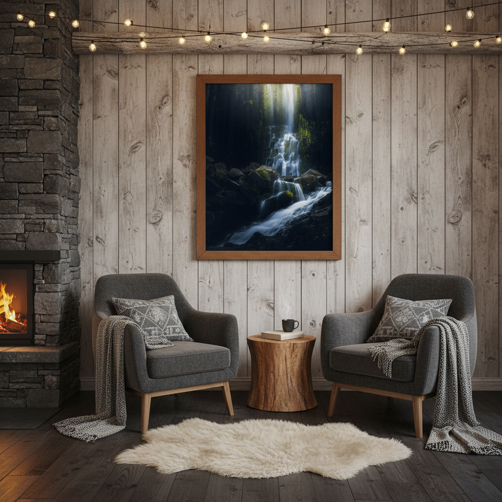 Secret Basalt Waterfall – Framed interior mockup