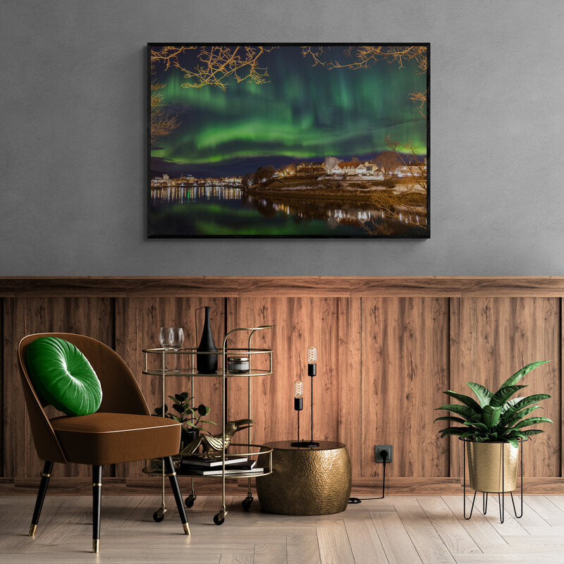 Northern Lights Over Trondheim - Aurora Reflected in Nidelva - fine art photo print