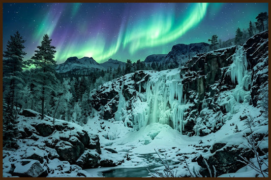 Frozen Waterfall Under Aurora - AI Generated Norway Art - Norway wall art print