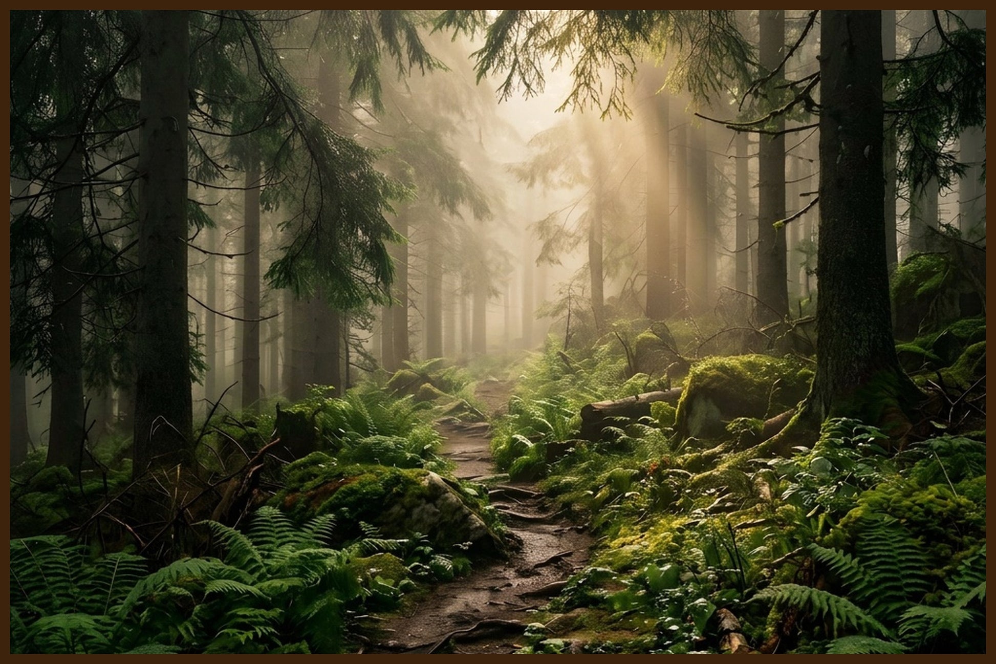 Dark Forest Path in Morning Fog - AI Generated Norway Art - Norway wall art print