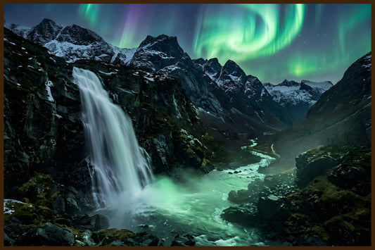Waterfall Under the Northern Lights - AI Generated Norway Art - Norway wall art print