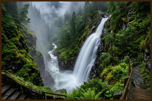 Waterfall in the Mist - Forest Gorge, AI Generated Norway Art - Norway wall art print