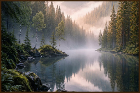 Misty Forest Lake - AI Generated Norway Art - Norway wall art print