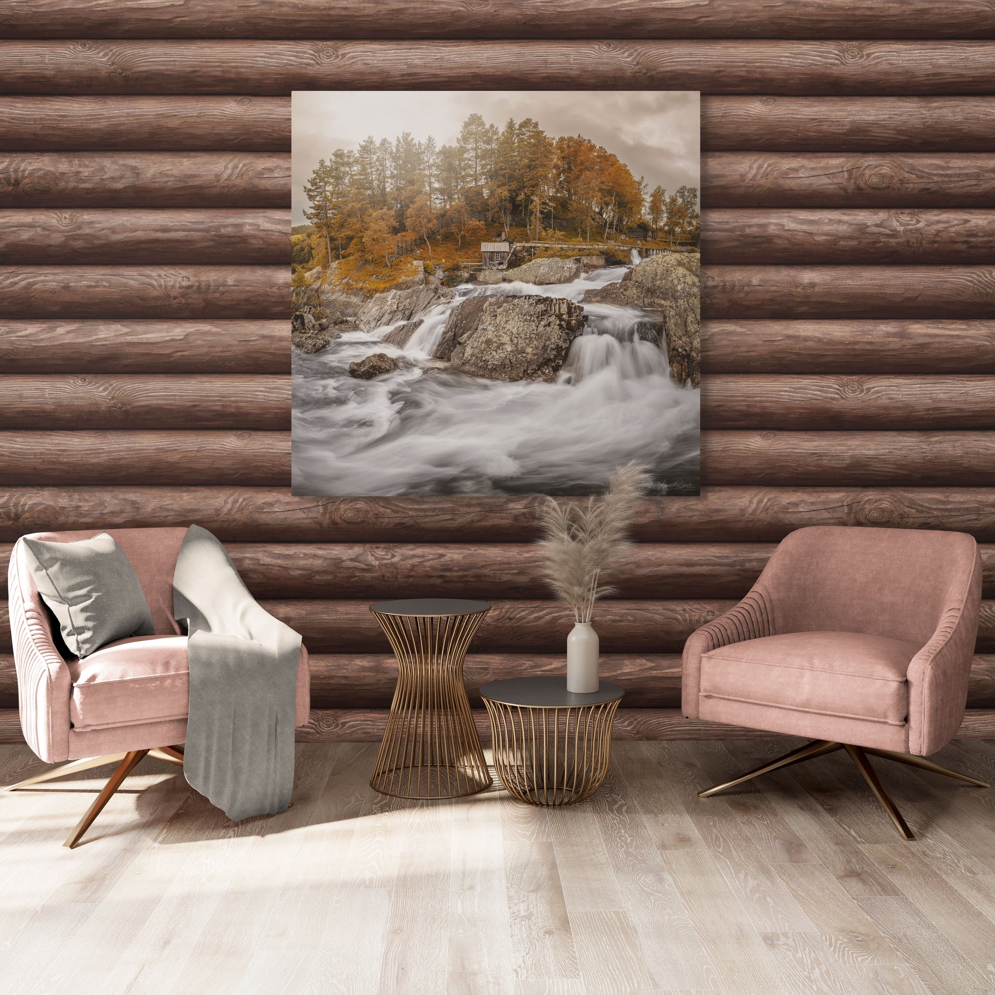 Veggbilde av høst ved Atnbrufossen, Sollia ved Rondane.