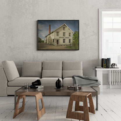 Fornyet veggbilde av meierigården i Heimdal sentrum, Trondheim. Bilde opprinnelig fra 1945